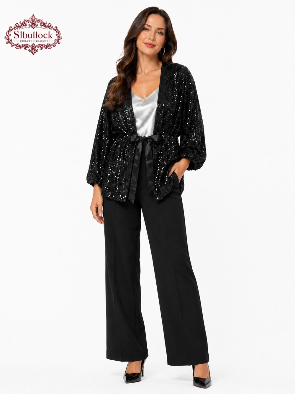 K1 Gibson & Latimer NWT Black Sequin Kimono Cardigan Tie Front Fully Lined M